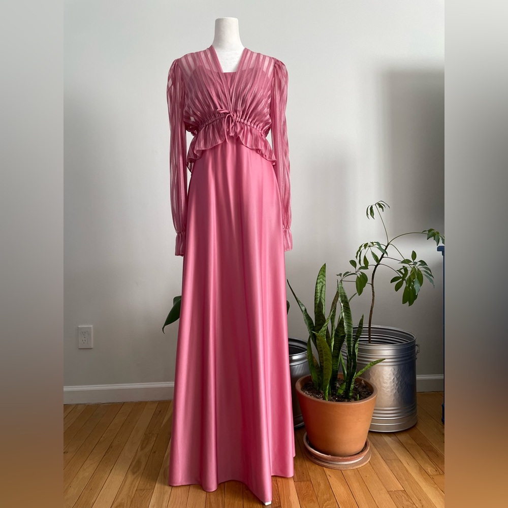 Vintage 70s Party Dress with Striped See Through Jacket with Ruffles